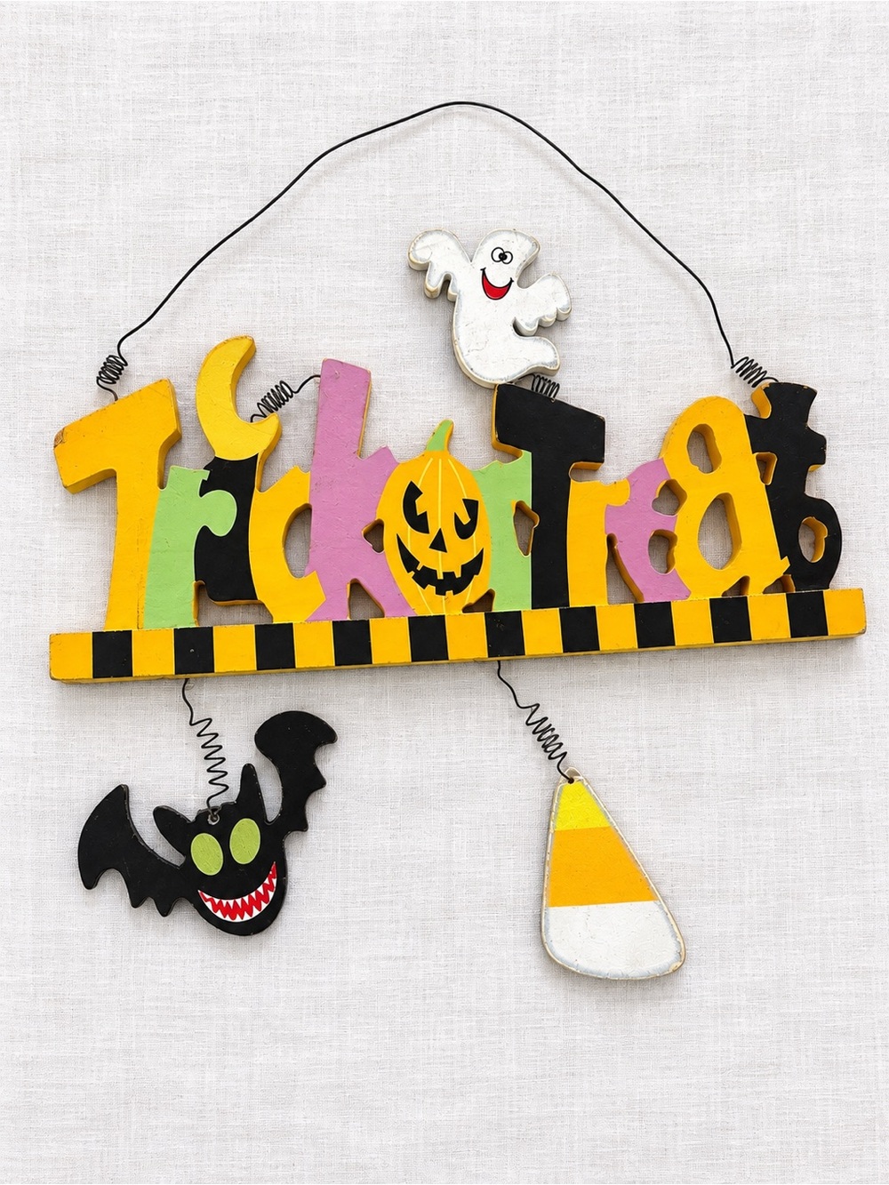 Vintage Trick or Treat Wooden Halloween Hanging Sign Ghost Bat Candy Corn 13”